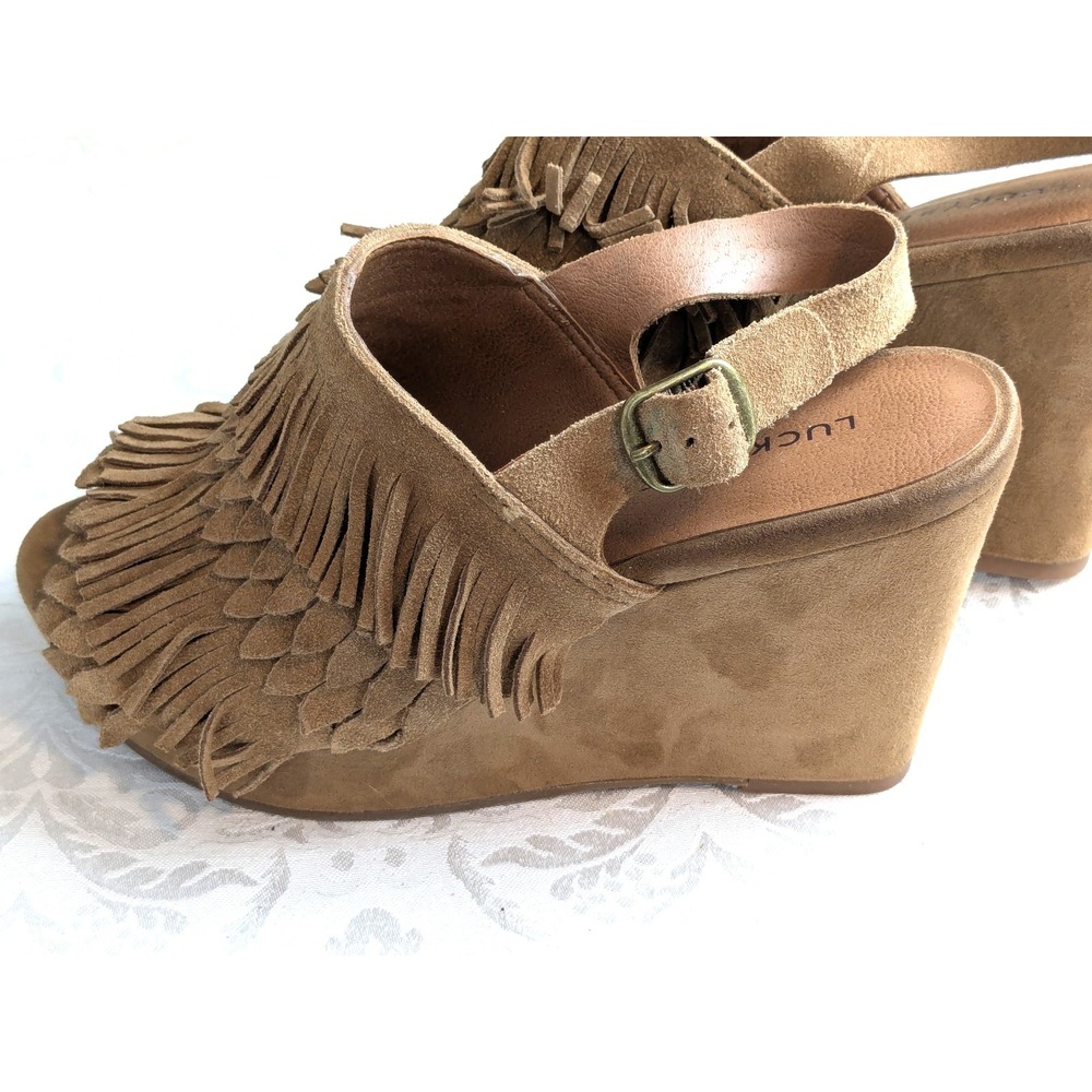 Lucky Brand Tan Suede Wedge Fringe Slingback Boho Festival Platform Shoes 7M - Picture 3 of 9